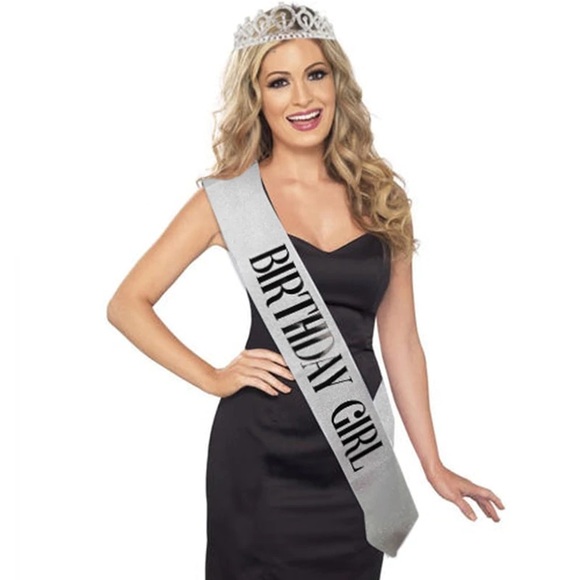 2PC BIRTHDAY GIRL SASH WITH TIARA. SILVER SASH WITH BLACK LETTERING SET - Picture 5 of 5